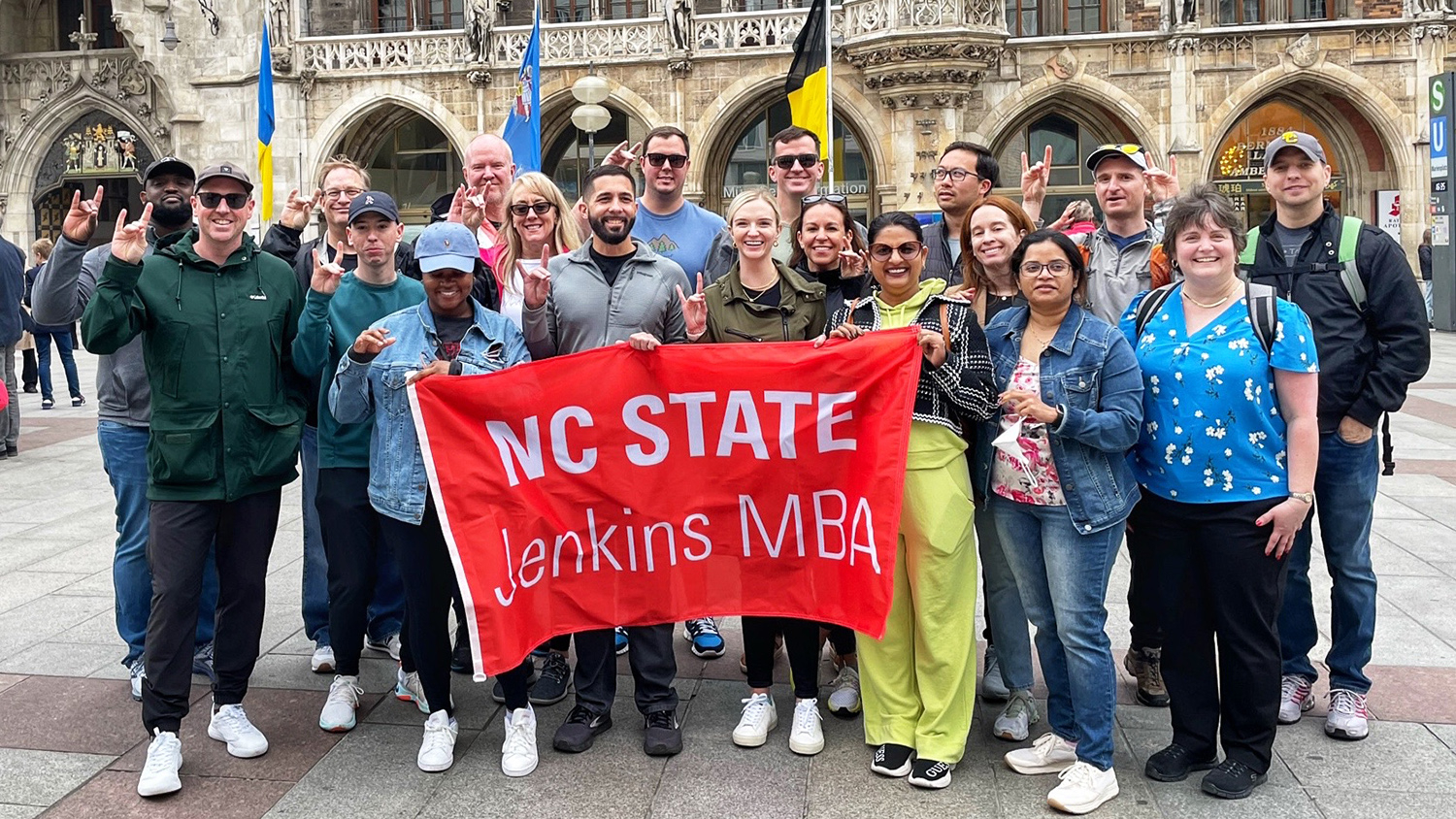 MBA students smiling in a group photo while studying abroad.